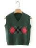 Damen Pullover Pullover Grün Plaid V-Ausschnitt Ärmellose Polyester Pullover Strickweste