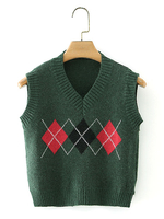 Damen Pullover Pullover Grün Plaid V-Ausschnitt Ärmellose Polyester Pullover Strickweste