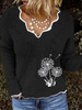 Damen Pullover Pullover Schwarz V-Ausschnitt Langarm Löwenzahn Bestickte Polyester Pullover