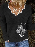 Damen Pullover Pullover Schwarz V-Ausschnitt Langarm Löwenzahn Bestickte Polyester Pullover