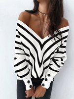 Damen Pullover Pullover Weiße Knöpfe Zweifarbige V-Ausschnitt Lange Ärmel Offene Schulter Acrylpullover