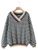 Damen Pullover Schwarz Plaid Langarm Jwel Neck Polyester Pullover