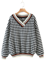 Damen Pullover Schwarz Plaid Langarm Jwel Neck Polyester Pullover