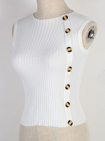 Damen Pullover White Buttons Jewel Neck Ärmellose asymmetrische Baumwollpullover