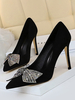 Damen Pumps Pointed Toe Stiletto Fersenschleifen Schwarze Pailletten Strass High Heel Schuhe