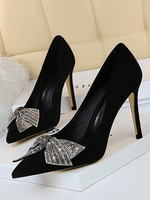 Damen Pumps Pointed Toe Stiletto Fersenschleifen Schwarze Pailletten Strass High Heel Schuhe