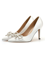Damen Pumps Slip-On Spitze Zehen Stiletto Heel Perlen Classic Low-Tops White Heels