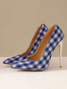 Damen Pumps Spitzschuh Plaid Canvas Pfennigabsatz Plus Size Schuhe