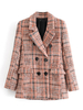 Damen Red Jacket Turndown Collar Langarmknöpfe Polyester Tweed Plaid Coat