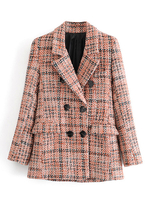 Damen Red Jacket Turndown Collar Langarmknöpfe Polyester Tweed Plaid Coat