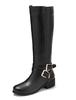Damen Reitstiefel Schwarz Runde Kappe Schnalle Detail Flache Stiefel Kniehohe Stiefel