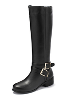 Damen Reitstiefel Schwarz Runde Kappe Schnalle Detail Flache Stiefel Kniehohe Stiefel