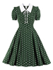 Damen Retro Kleid 1950er Jahre Kurzarm Green Polka Dot Polyester Vintage Swing Kleid