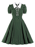 Damen Retro Kleid 1950er Jahre Kurzarm Green Polka Dot Polyester Vintage Swing Kleid