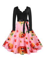 Damen Retro Kleid 1950er Jahre V-Ausschnitt Langarm Bedruckt Rockabilly Vintage Kleid
