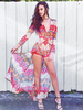Damen Rosa Blumendruck V-Ausschnitt Langarm Sheer Chiffon Loose Summer One Piece Outfit