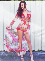 Damen Rosa Blumendruck V-Ausschnitt Langarm Sheer Chiffon Loose Summer One Piece Outfit