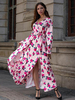 Damen Rosa Maxikleider Rose Pattern Langarm Bedruckt Jewel Neck Split Front Polyester Langes Kleid