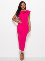 Damen Rose Maxikleider Kurzarm Juwelenhals Rüschen Unregelmäßiges Lycra Spandex Bodycon Langes Kleid