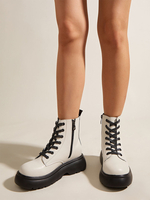 Damen Round Toe Chunky Heel Zipper PU Leder Weiße Stiefeletten