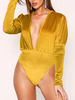 Damen Samt Bodysuit Gelb V-Ausschnitt Langarm Sexy Top