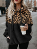 Damen Samt Hoodie Schwarz Langarm Kordelzug Leopardenmuster Kapuzenpullover