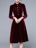 Damen Samtkleid Burgund Lange Ärmel Knöpfe Umlegekragen Midikleid