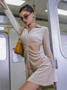 Damen Samtkleid Helles Apricot Lange Ärmel Knöpfe Velours V-Ausschnitt Hemdkleid