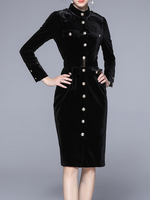 Damen Samtkleid Schwarz Lange Ärmel Umlegekragen Knöpfe Midi Kleidung Kleider