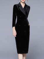 Damen Samtkleid Schwarz Lange Ärmel Umlegekragen Langes Velourskleid