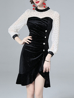 Damen Samtkleid Schwarz Lange Ärmel Zweifarbiges Velours Polyester Jewel Neck Midikleid