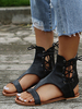 Damen Sandalen Cut Out Lace Up PU Leder Lässige Schwarze Flache Sandalen