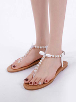 Damen Sandalen Flache Perlen Schicke T-String Weiße Sandalen