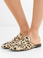 Damen Sandalen Leder mit Metallic-Deko Müßiggänger Leder-Leoparden-runde Zehe-Beleg flache Schuhe