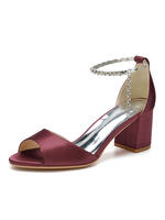 Damen Sandalen mit Absatz Puppy Heel Open Toe Satin PU Leder Burgund Knöchelriemen Heels