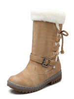 Damen Schnee Mid Calf Runde Zehenschnalle Flache Winterstiefel