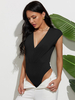 Damen Schwarz Bodysuit Ärmelloses V-Ausschnitt Polyester Sommer Sexy Top