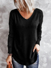 Damen Schwarz Langarm T-Shirt Polyester Layered Cut Out V-Ausschnitt T-Shirt