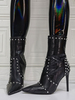 Damen Schwarz Mid Calf Stiefel Leder Spitzzehen Nieten Sky High Stiletto Heel Booties