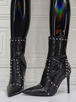 Damen Schwarz Mid Calf Stiefel Leder Spitzzehen Nieten Sky High Stiletto Heel Booties