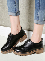 Damen Schwarz Oxfords Classic Leder Runde Zehen Schnür Freizeitschuhe