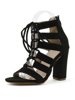 Damen Schwarze Gladiator Sandalen Micro Wildleder Obere Runde TOE Chunky Heel Sommersandalen