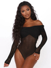 Damen schwarzer Bodysuit mit langen Ärmeln rückenfreie Polyester-Streifen sexy Top