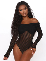 Damen schwarzer Bodysuit mit langen Ärmeln rückenfreie Polyester-Streifen sexy Top