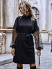 Damen Schwarzes Hemd Kleider Hoher Kragen Lange Ärmel Polyester Asymmetrisches Lässiges Midikleid