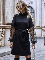 Damen Schwarzes Hemd Kleider Hoher Kragen Lange Ärmel Polyester Asymmetrisches Lässiges Midikleid