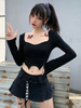 Damen Schwarzes Hemd U-Ausschnitt Langarm Applique Gothic Cotton Top