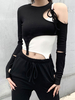 Damen Schwarzes Hemd Weiße Weste 2-teiliges Set Gothic Langarm Baumwolltop