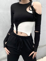 Damen Schwarzes Hemd Weiße Weste 2-teiliges Set Gothic Langarm Baumwolltop