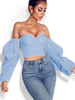 Damen Sexy Tube Bluse Hell Himmelblau Polyester Bateau Neck Casual Langarm Tops